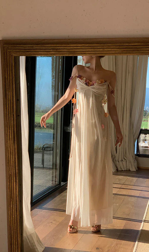 Farah Dreamy Ivory Floral Chiffon Maxi Dress - Romantic Open Back Gown