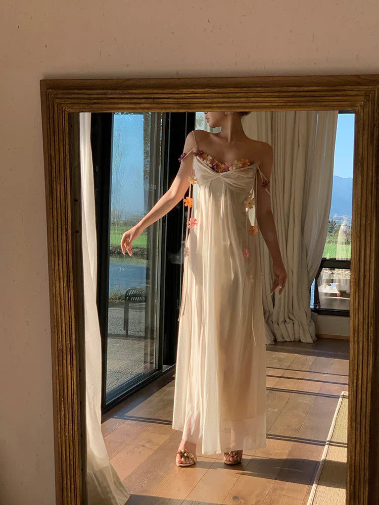 Farah Dreamy Ivory Floral Chiffon Maxi Dress - Romantic Open Back Gown