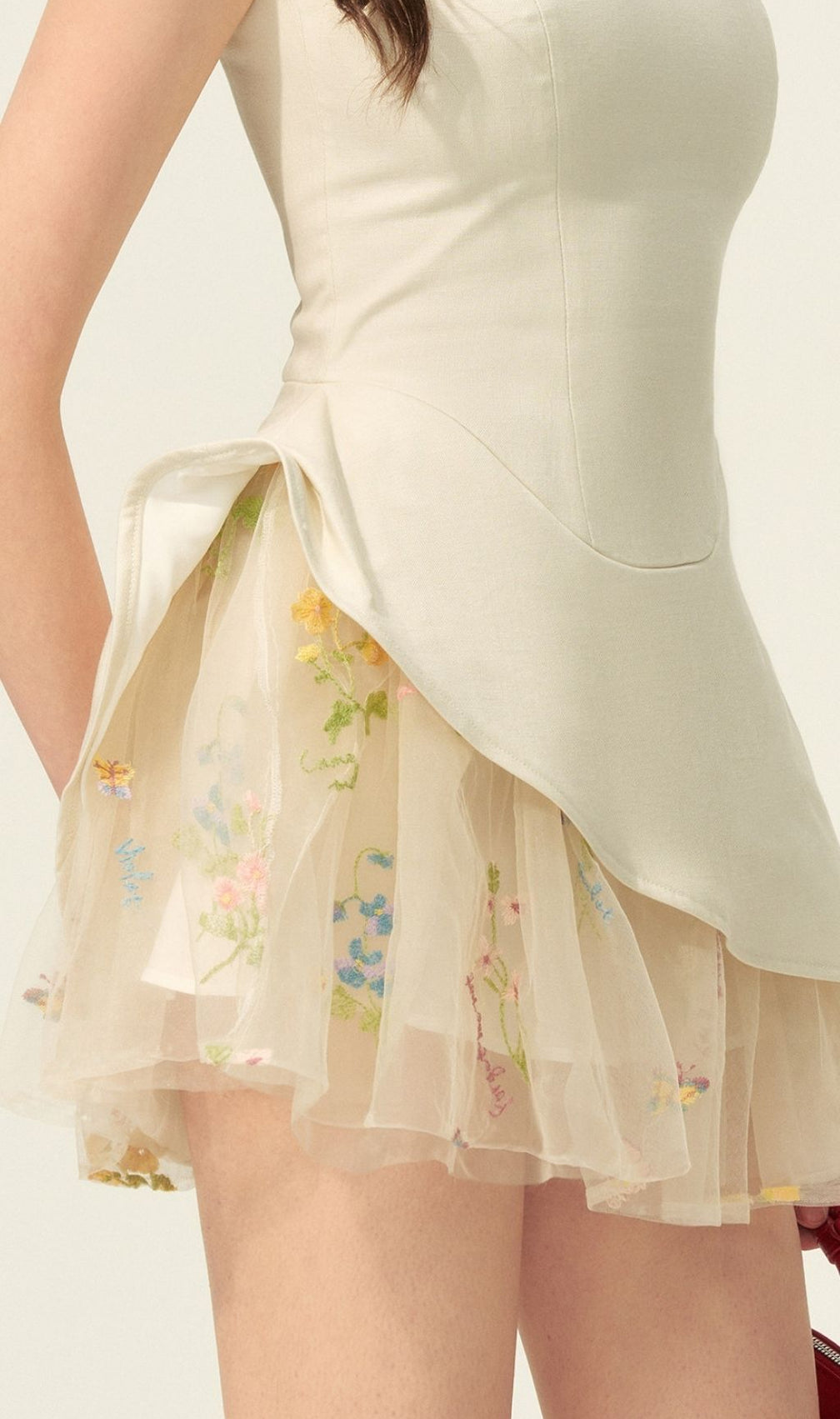 Keiandra Whimsical Floral Embroidered Peplum Mini Dress | Romantic Sleeveless Style