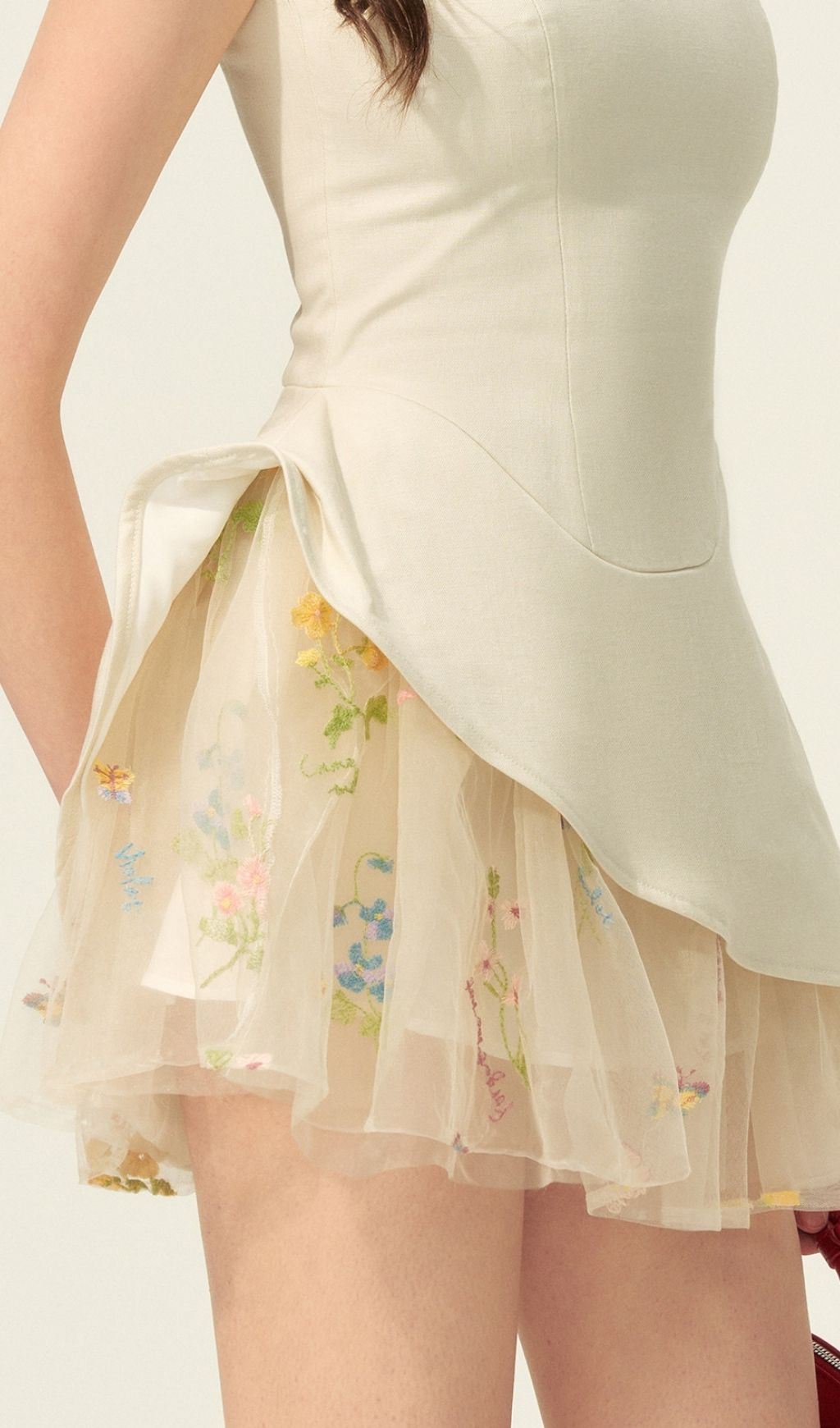 Keiandra Whimsical Floral Embroidered Peplum Mini Dress | Romantic Sleeveless Style