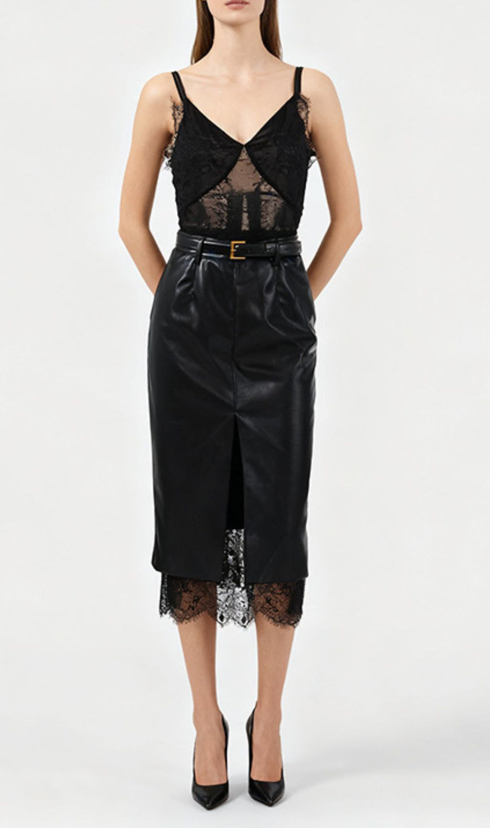 Ilta Black Lace & Vegan Leather Midi Dress | Chic Layered Look