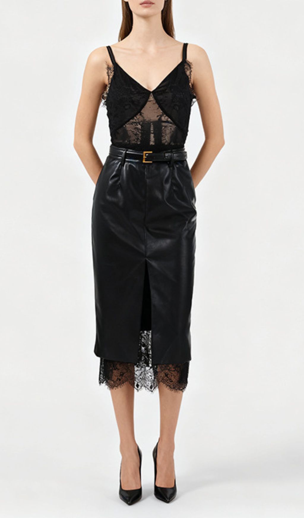 Ilta Black Lace & Vegan Leather Midi Dress | Chic Layered Look