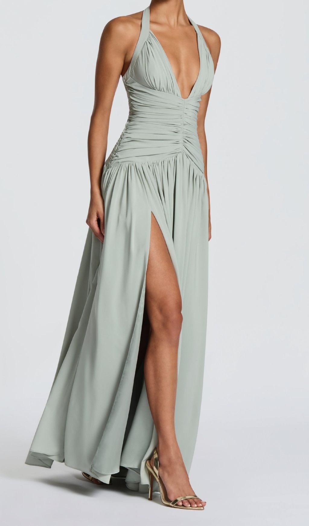 Kelley Celadon Halter Maxi Dress - Elegant Ruched Gown with High Slit