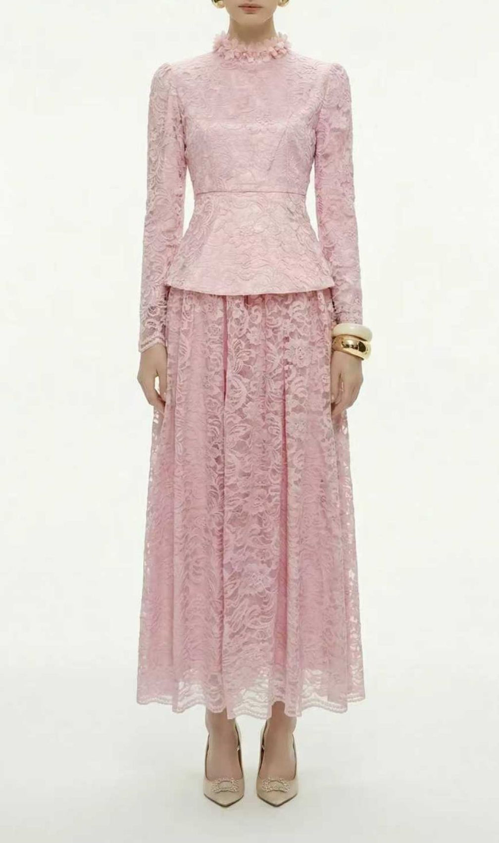 Kaylynn | Elegant Lace Long-Sleeve Peplum Top & Midi Skirt Set