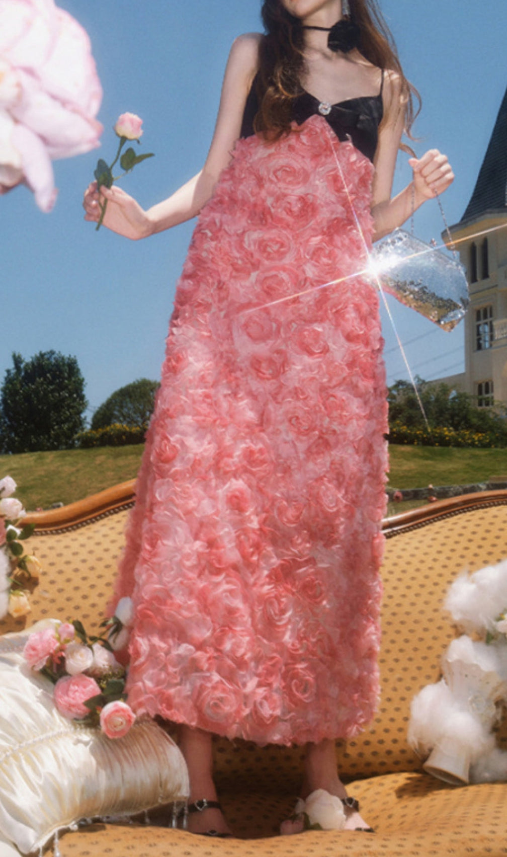 Rose Appliquéd Spaghetti Maxi Dress In Pink