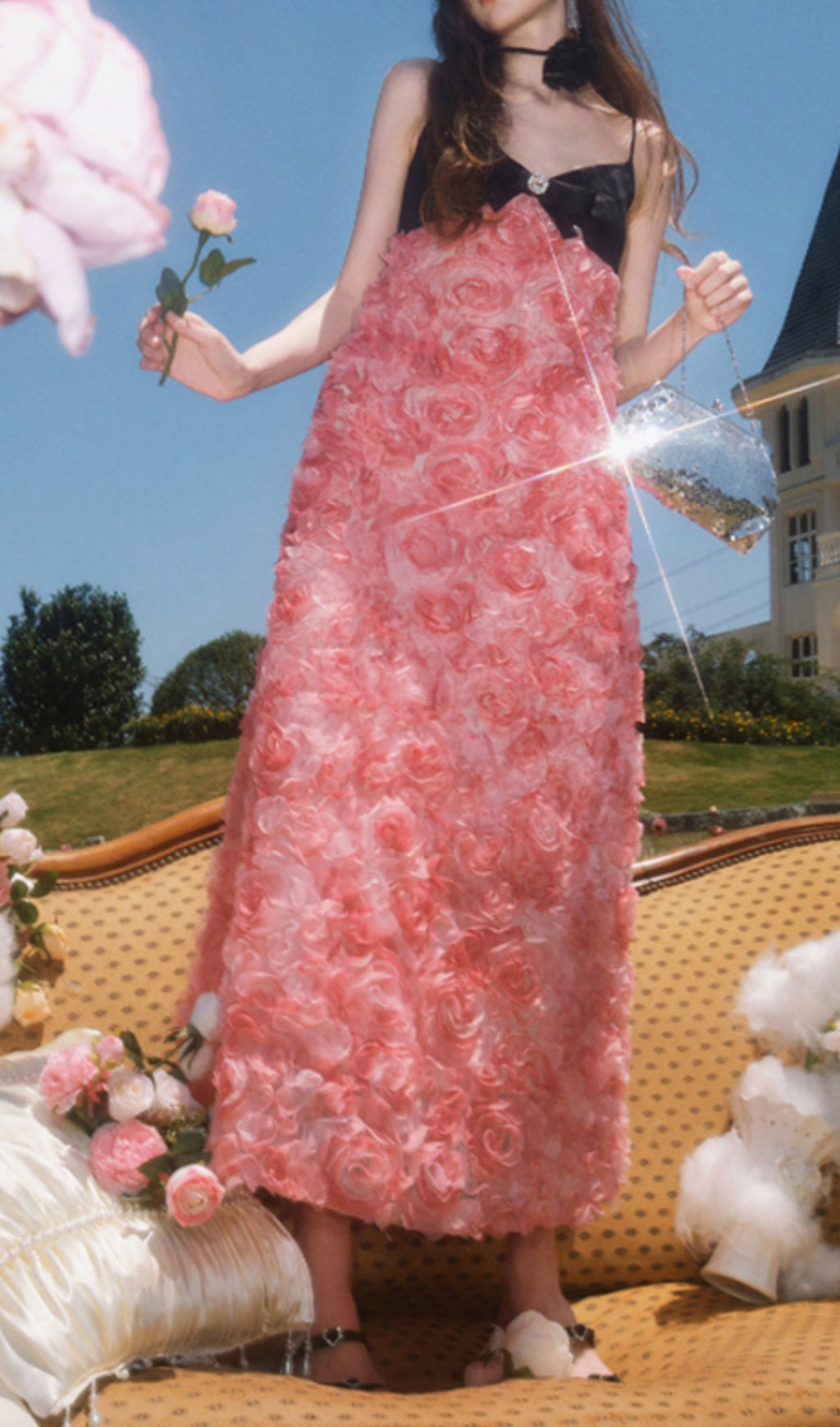 Rose Appliquéd Spaghetti Maxi Dress In Pink