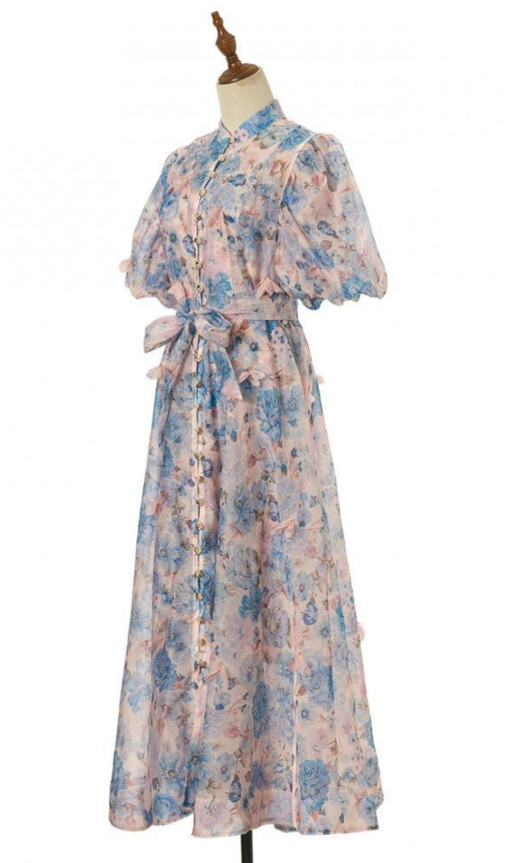 Karlyn Romantic Floral Puff-Sleeve Maxi Dress with Self-Tie Belt | Ethereal Button-Down Gown