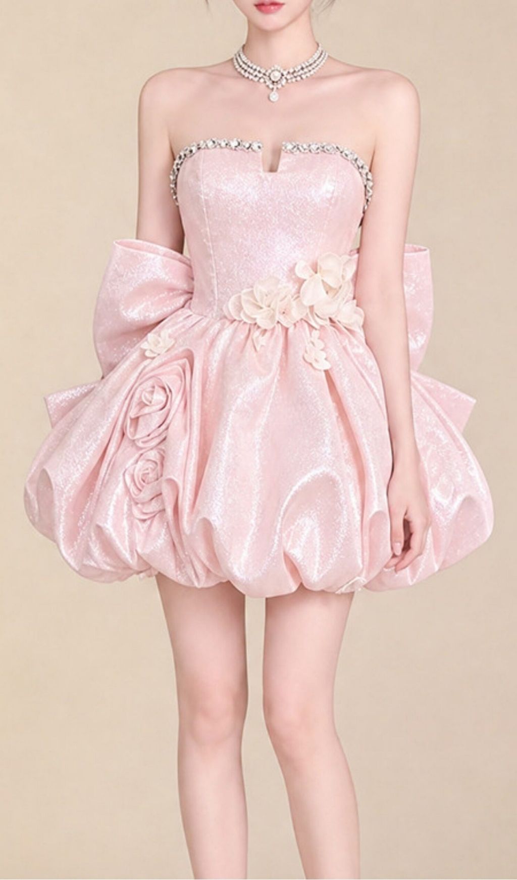 Krishika Pink Strapless Flower Bow Mini Dress