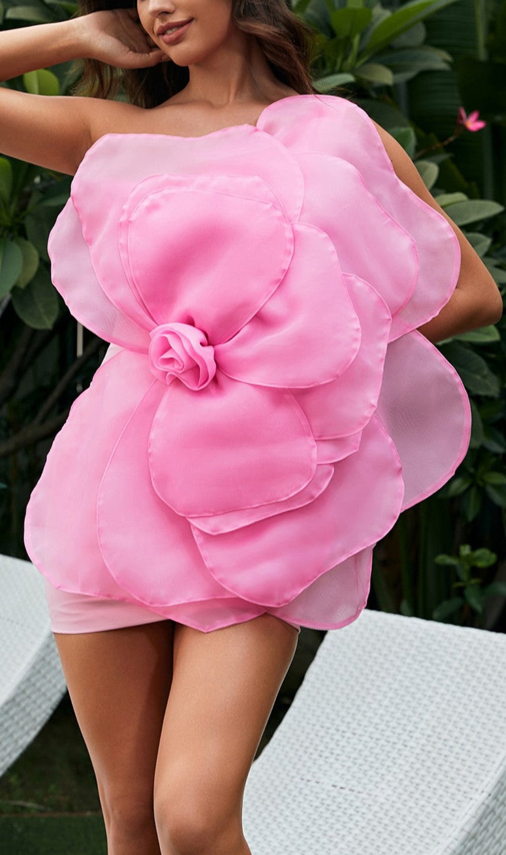 One Shoulder Flower Mini Dress In Pink