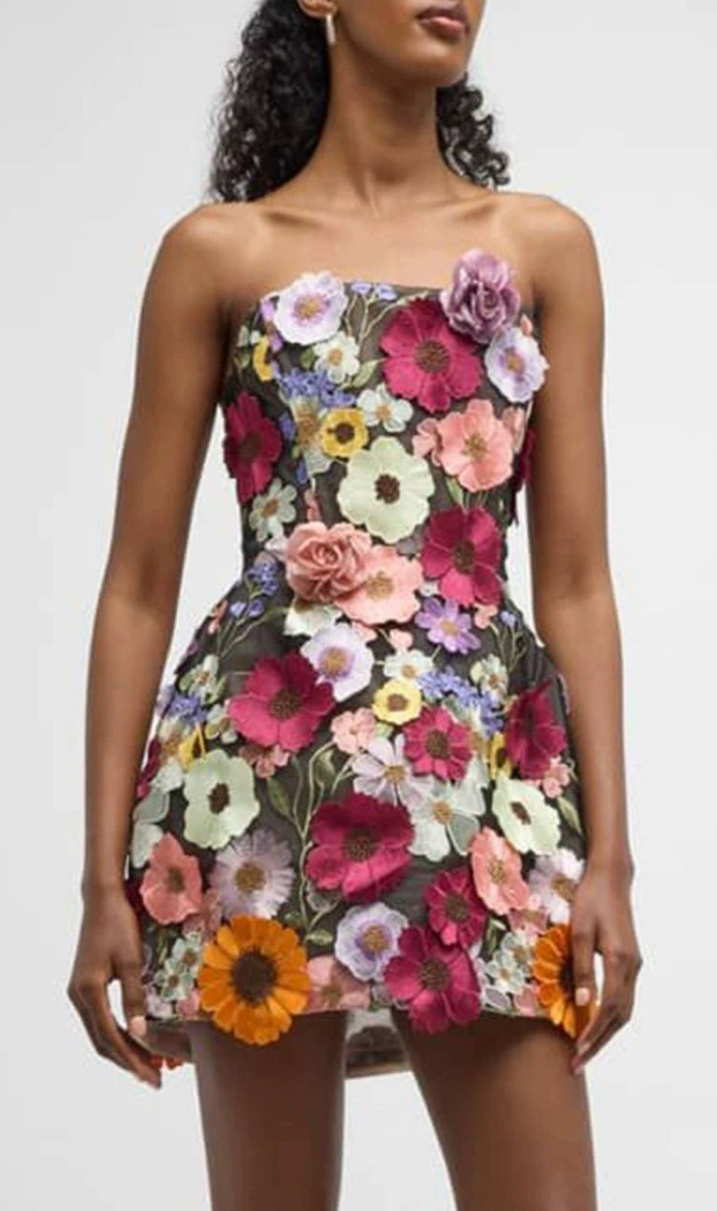 Laasya Black Strapless Flower Embroidery Mini Dress