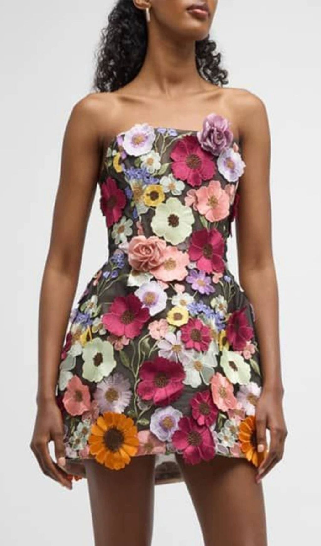Laasya Black Strapless Flower Embroidery Mini Dress