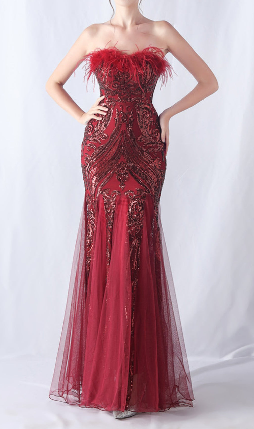 Choire Red Sequin Feather Maxi Dress