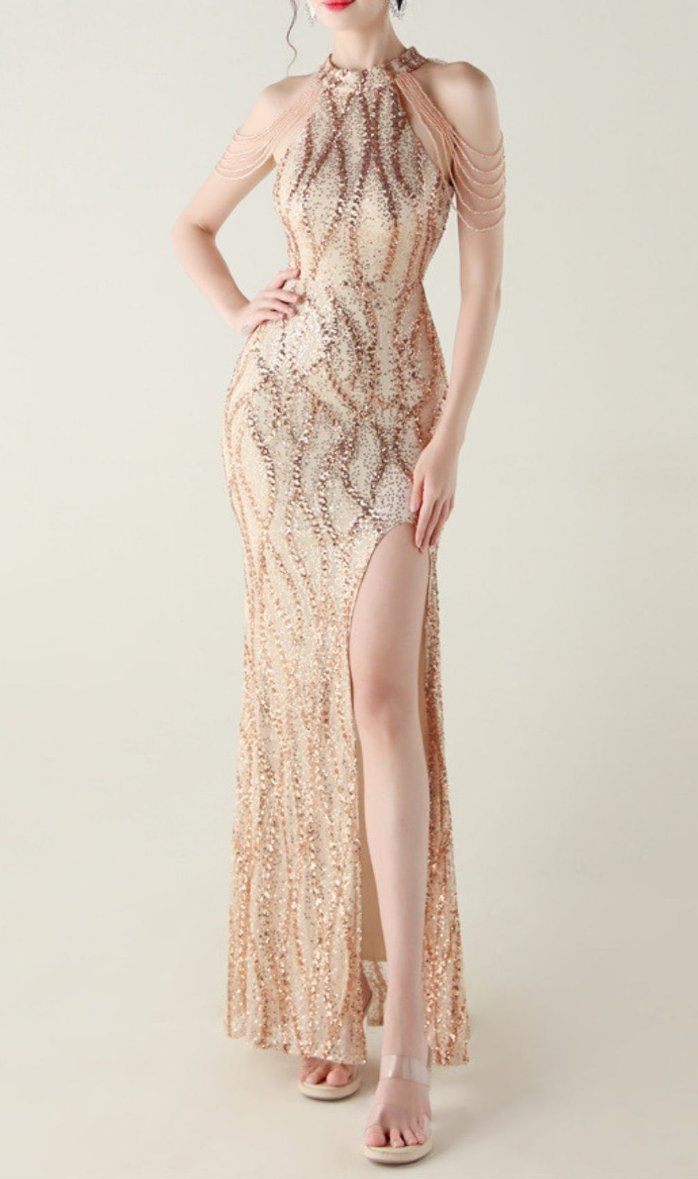 Ikra Glamour Halter Sequin High Slit Maxi Dress - Dazzling Evening Gown