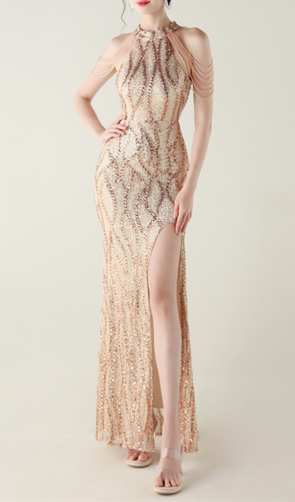 Ikra Glamour Halter Sequin High Slit Maxi Dress - Dazzling Evening Gown