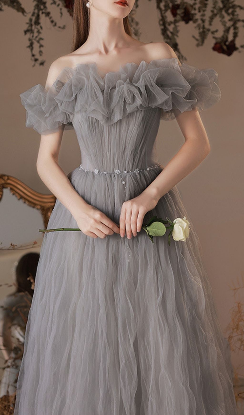 Kasey Grey Off-Shoulder Mesh Maxi Gown - Modern Elegance