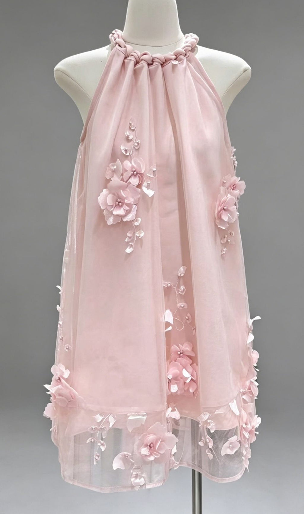 Kiku Halter 3D Floral Mini Dress - Ethereal Pink Party Frock