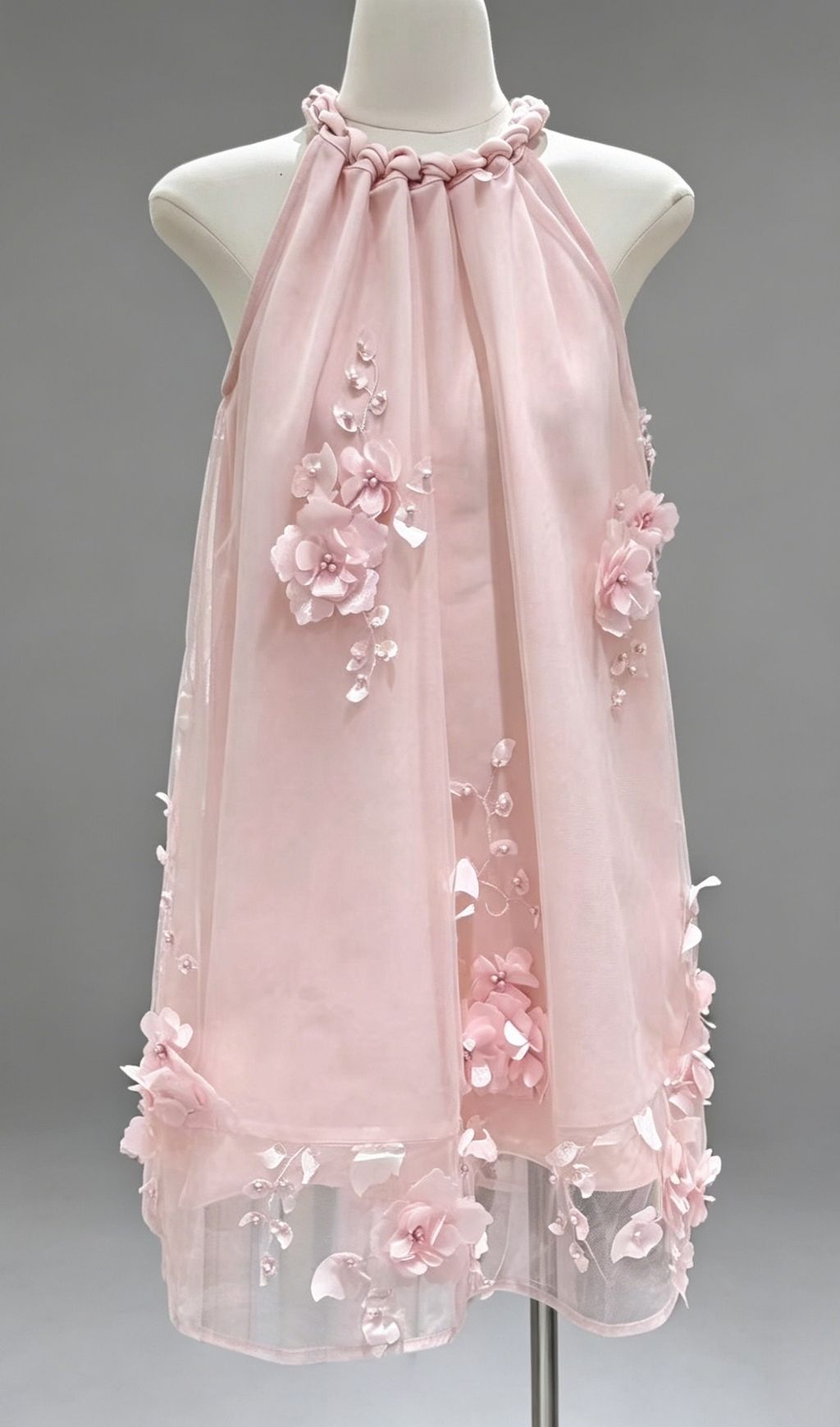 Kiku Halter 3D Floral Mini Dress - Ethereal Pink Party Frock