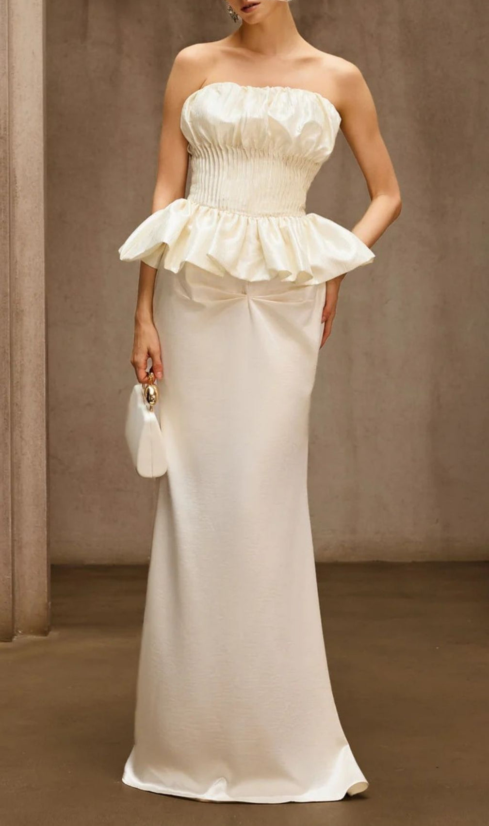 Dysis Luxe Strapless Pleated Peplum Maxi Gown | High-Impact Evening Dress