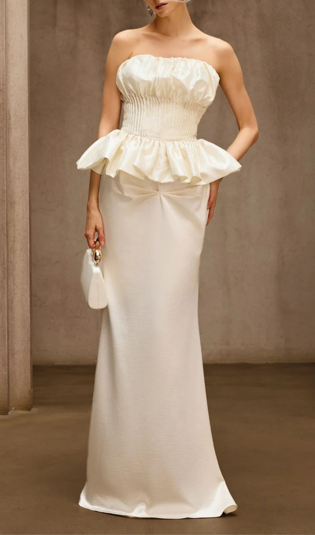 Dysis Luxe Strapless Pleated Peplum Maxi Gown | High-Impact Evening Dress