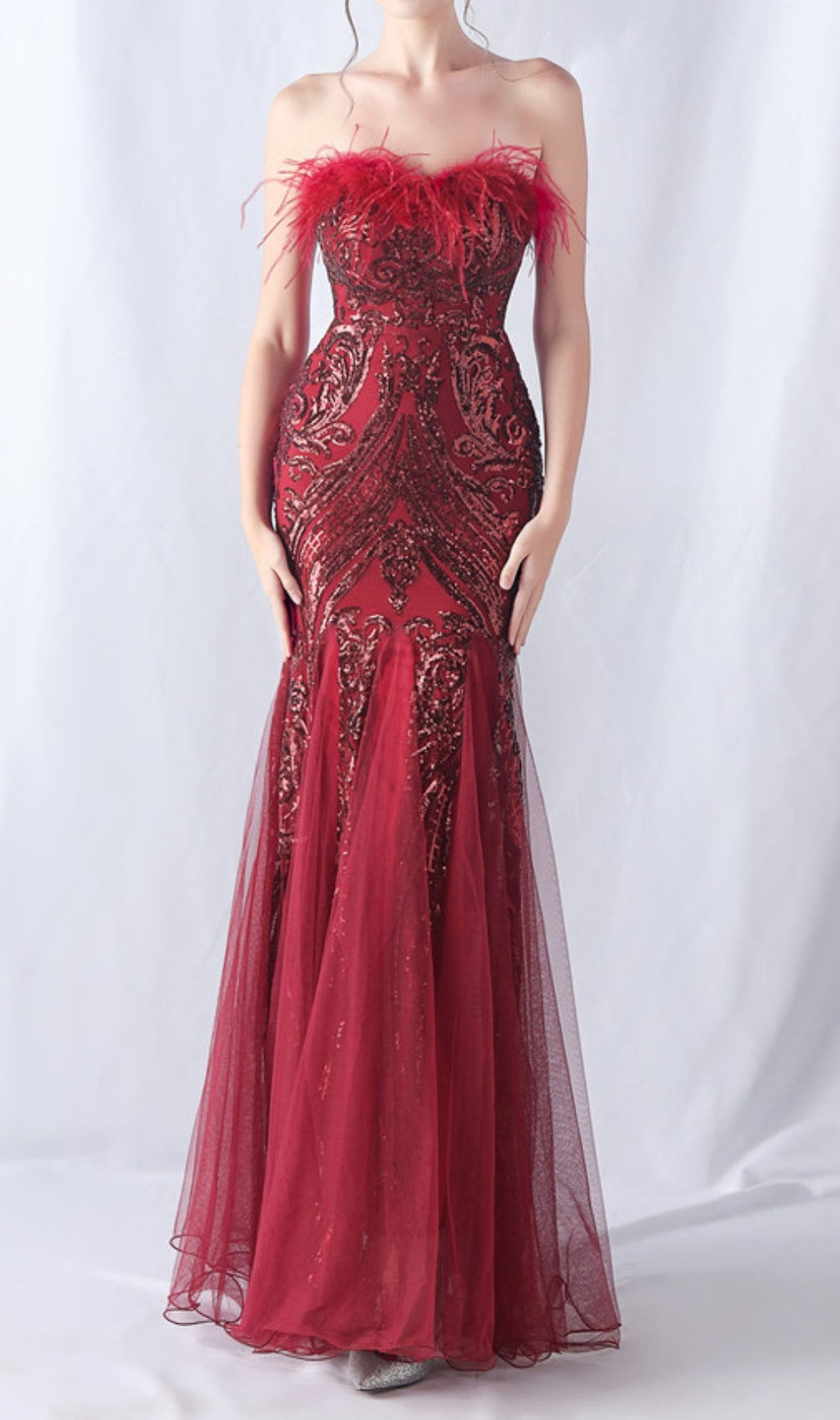 Choire Red Sequin Feather Maxi Dress