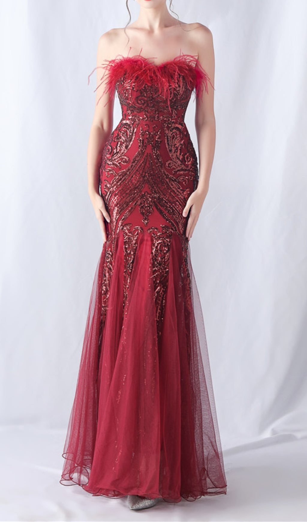 Choire Red Sequin Feather Maxi Dress