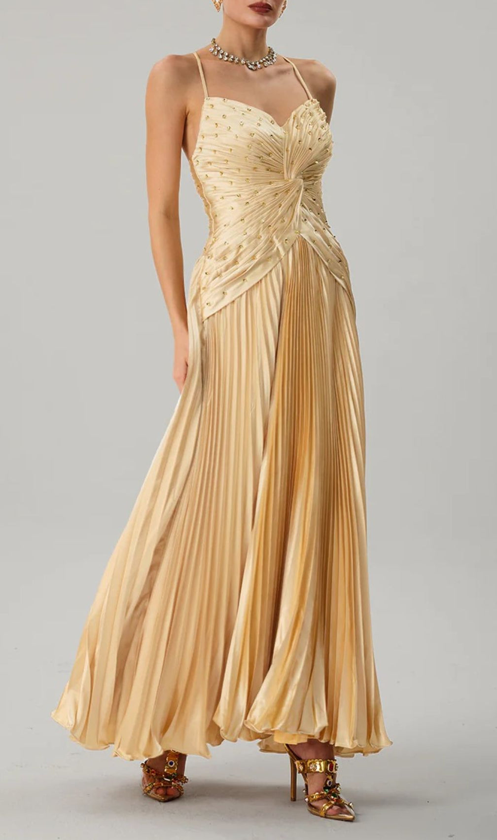 Jagtopo Elegant Champagne Gold Twisted Bodice Pleated Maxi Evening Gown