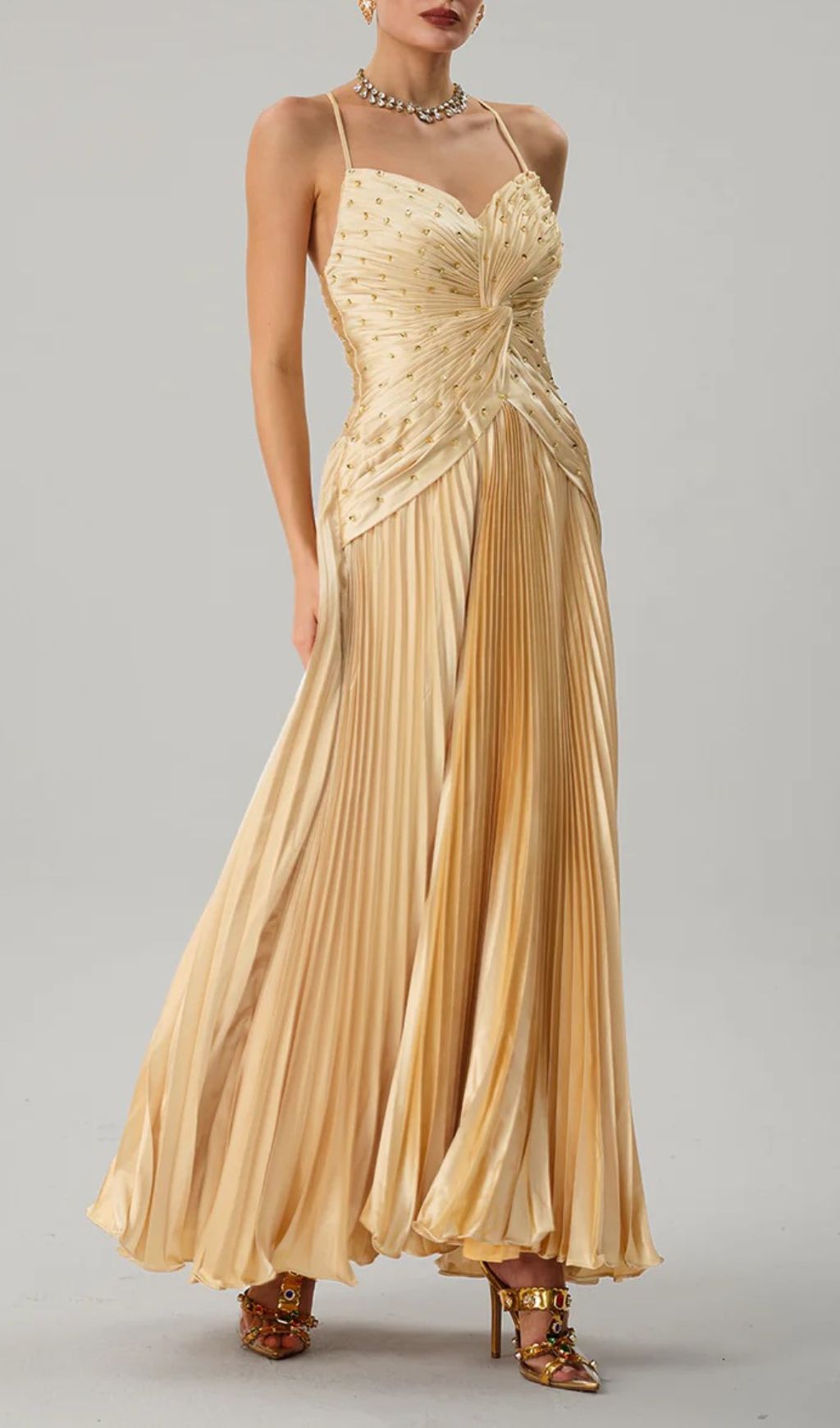 Jagtopo Elegant Champagne Gold Twisted Bodice Pleated Maxi Evening Gown