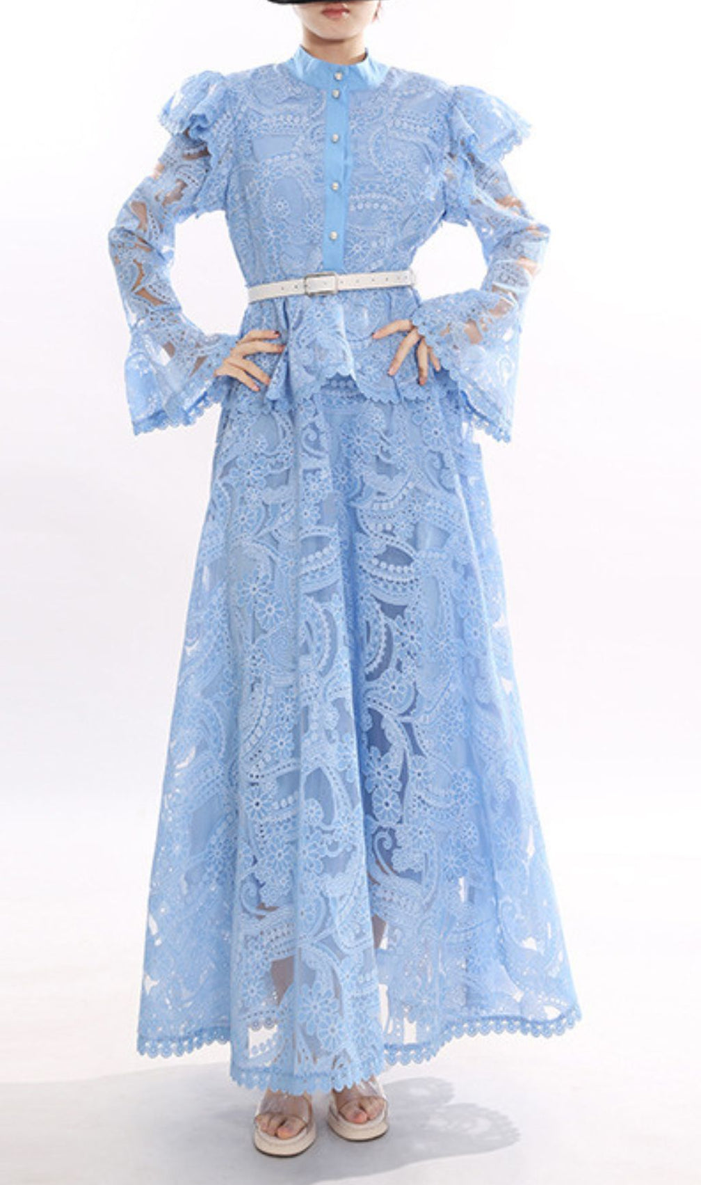 Jereni Blue Lace Maxi Dress for Women - Elegant Embroidered Boho Gown