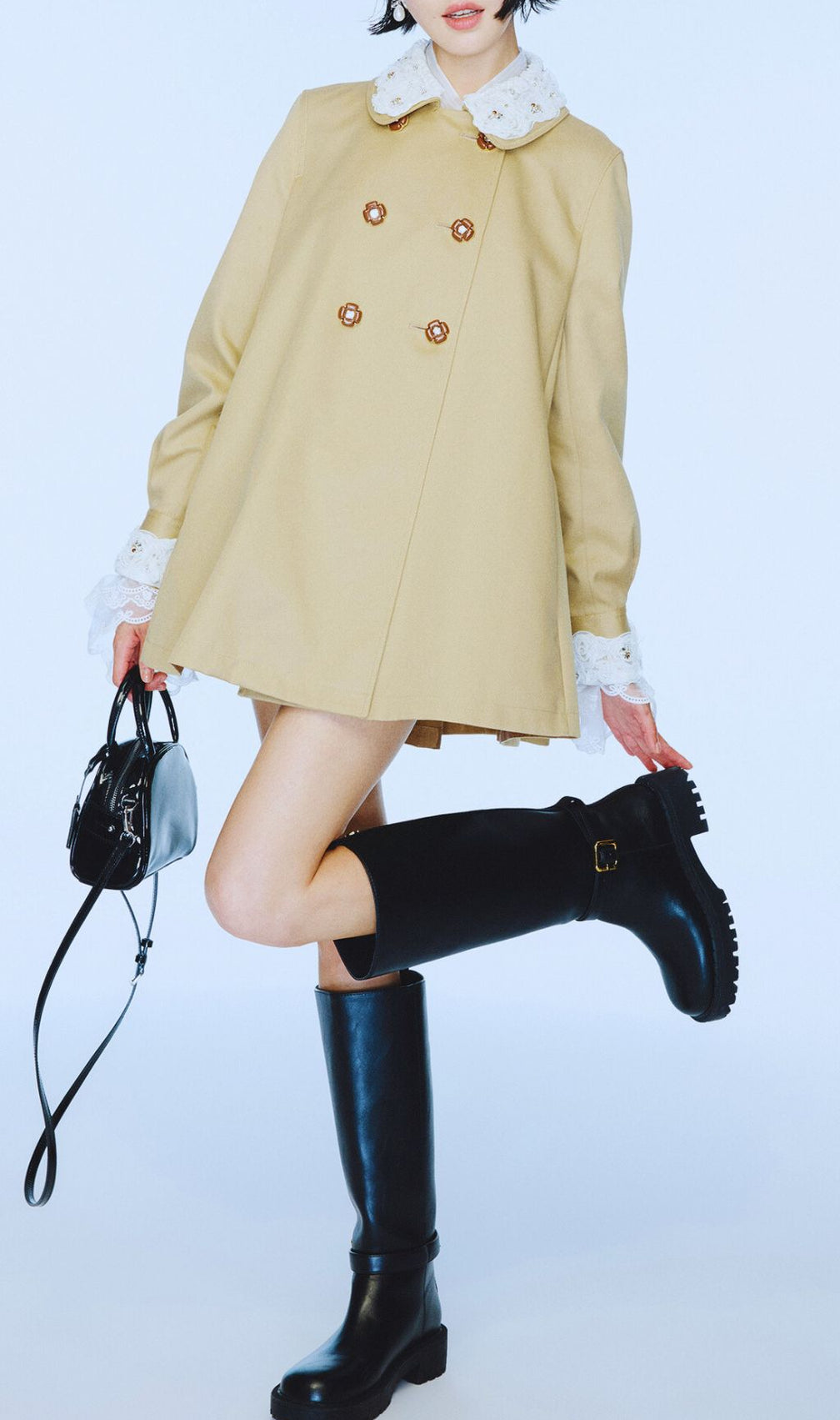 Hila Romantic Lace Coat - Elegant Double-Breasted Outerwear for Women