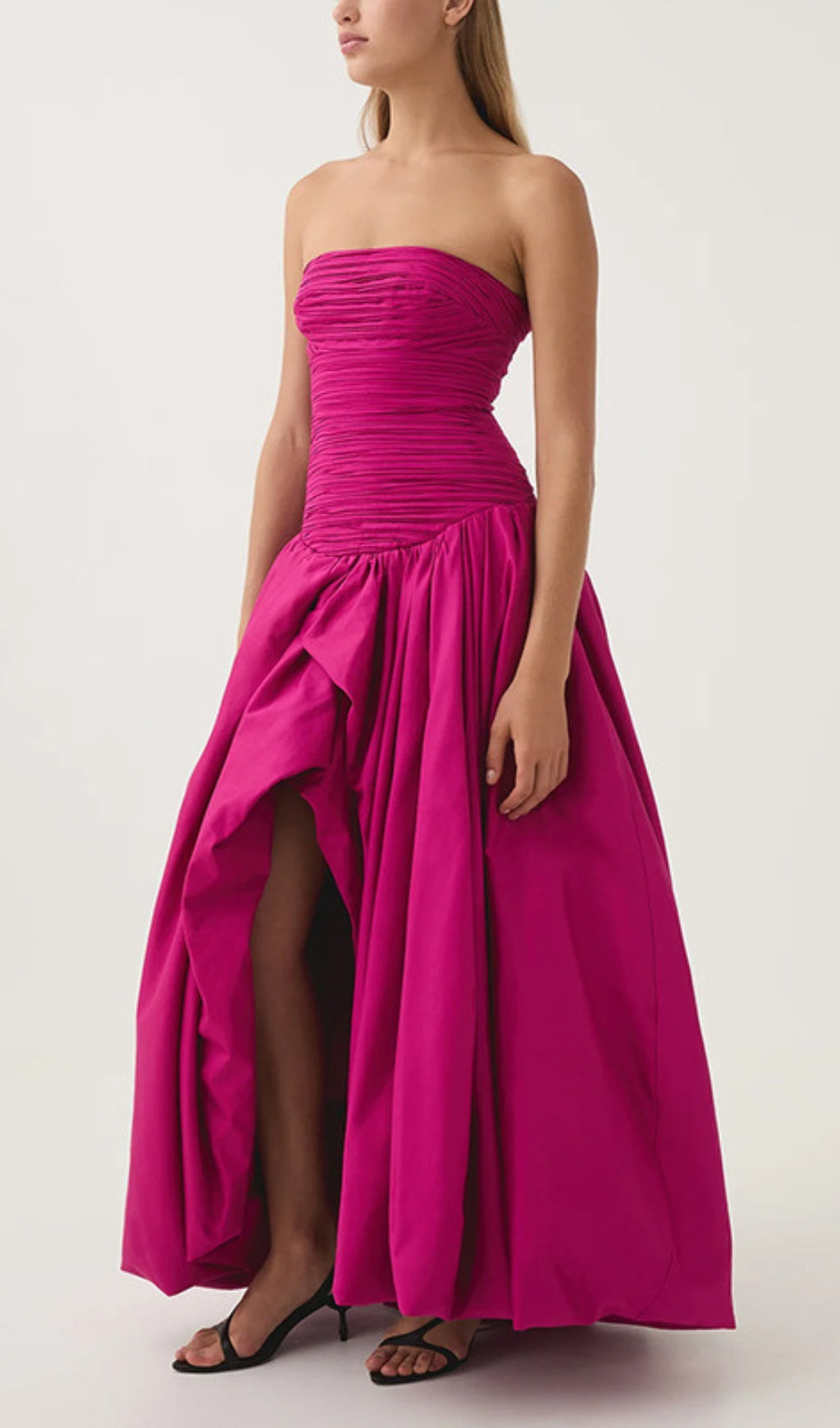 Strapless Ruched Puff Maxi Dress Hot Pink