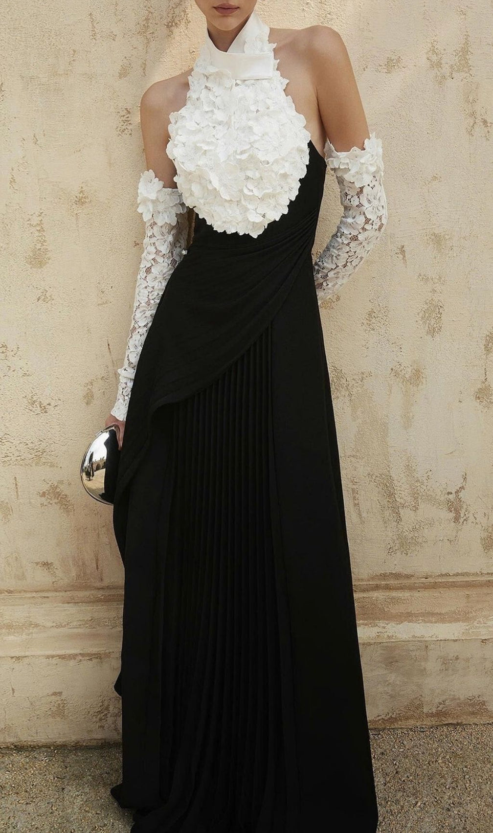 Kavi Elegant Black & White Halter Ruffle Pleated Maxi Dress