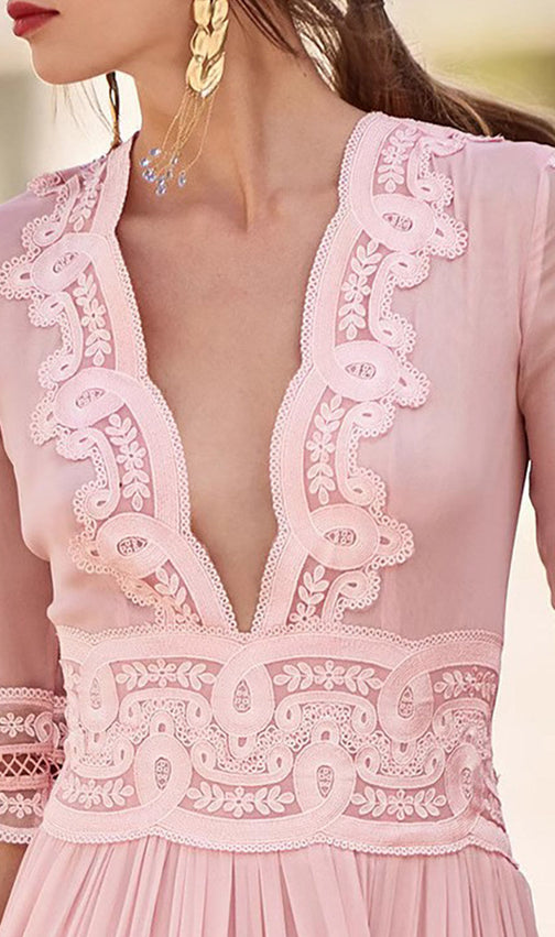 Ethereal Blush Pink Chiffon Maxi Dress | Elegant Lace-Trim V-Neck Gown