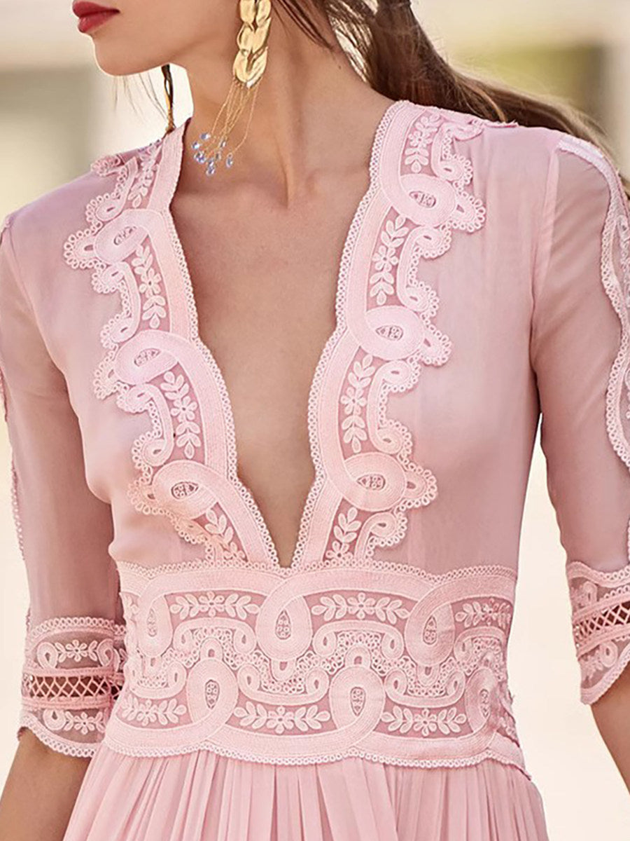Ethereal Blush Pink Chiffon Maxi Dress | Elegant Lace-Trim V-Neck Gown