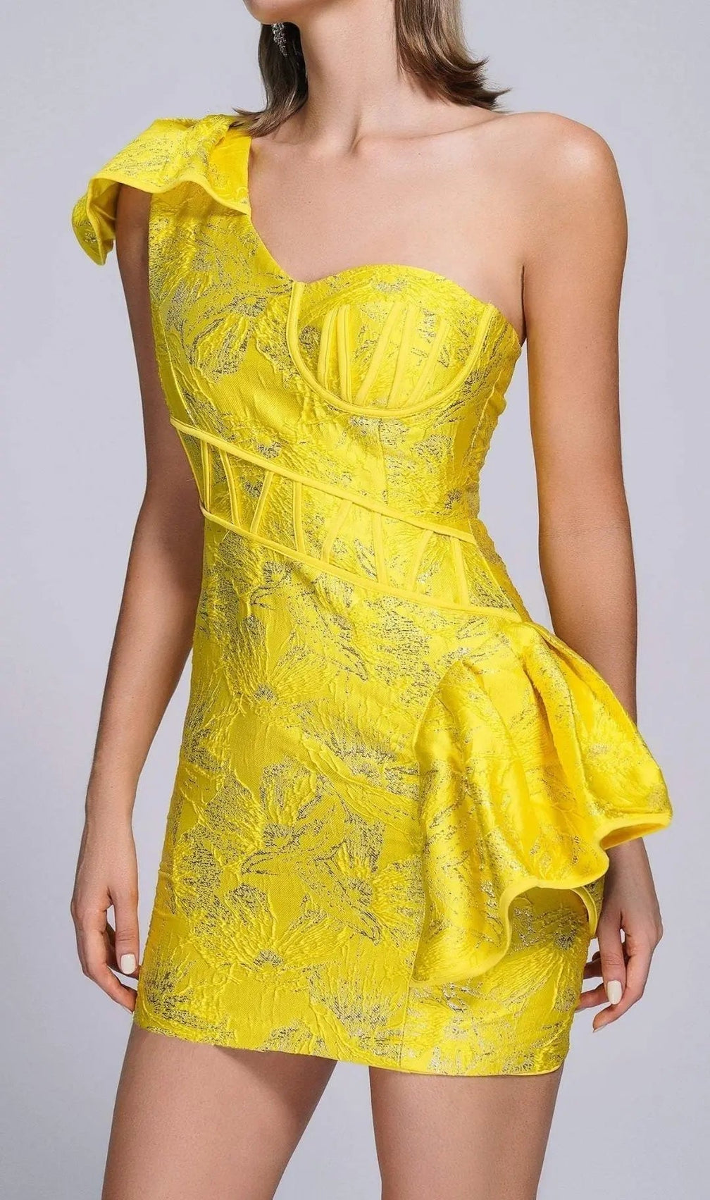 Jacquard One Shoulder Mini Dress In Yellow