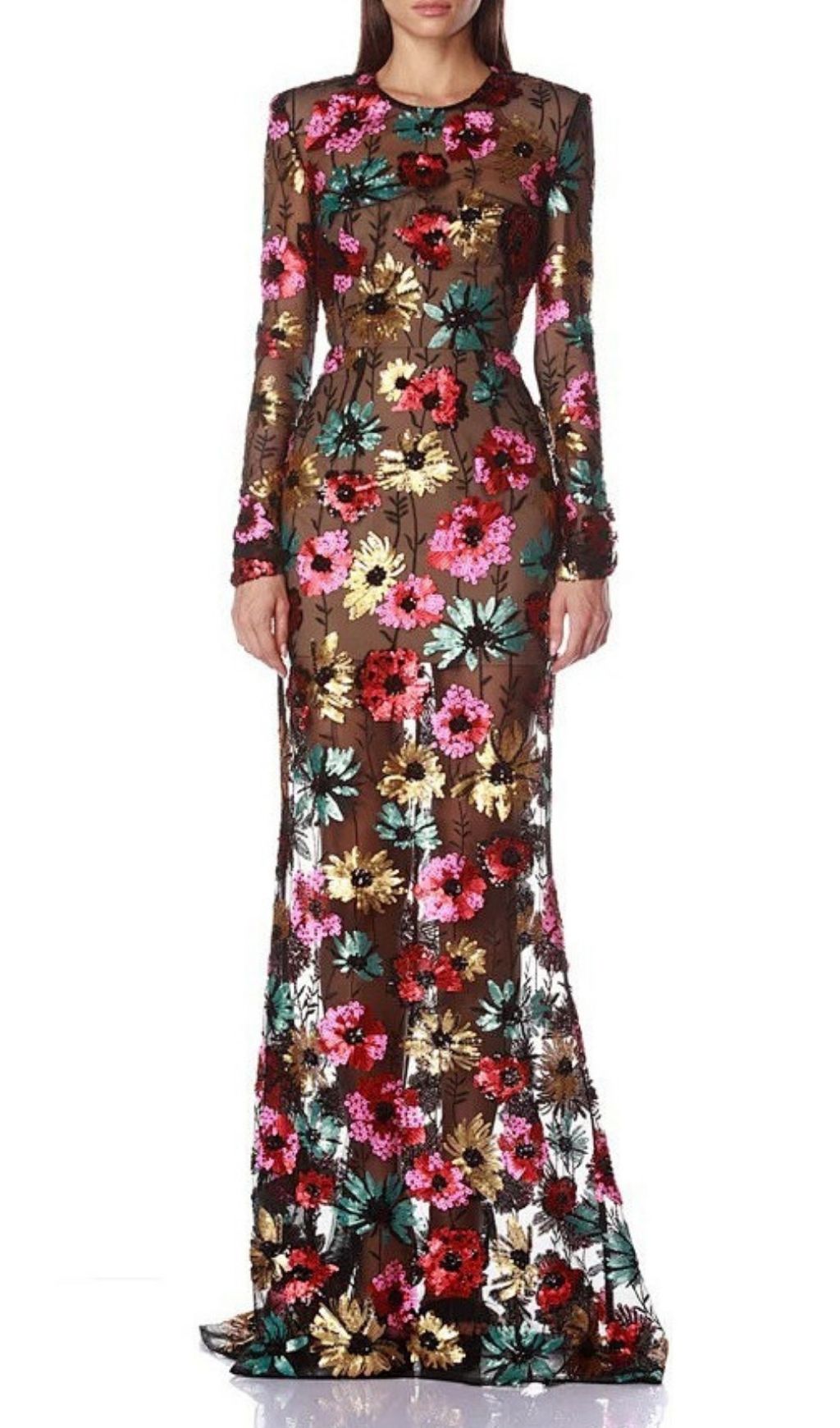 Kaoru Dazzling Sequin Floral Mesh Maxi Dress | Long Sleeve Evening Gown