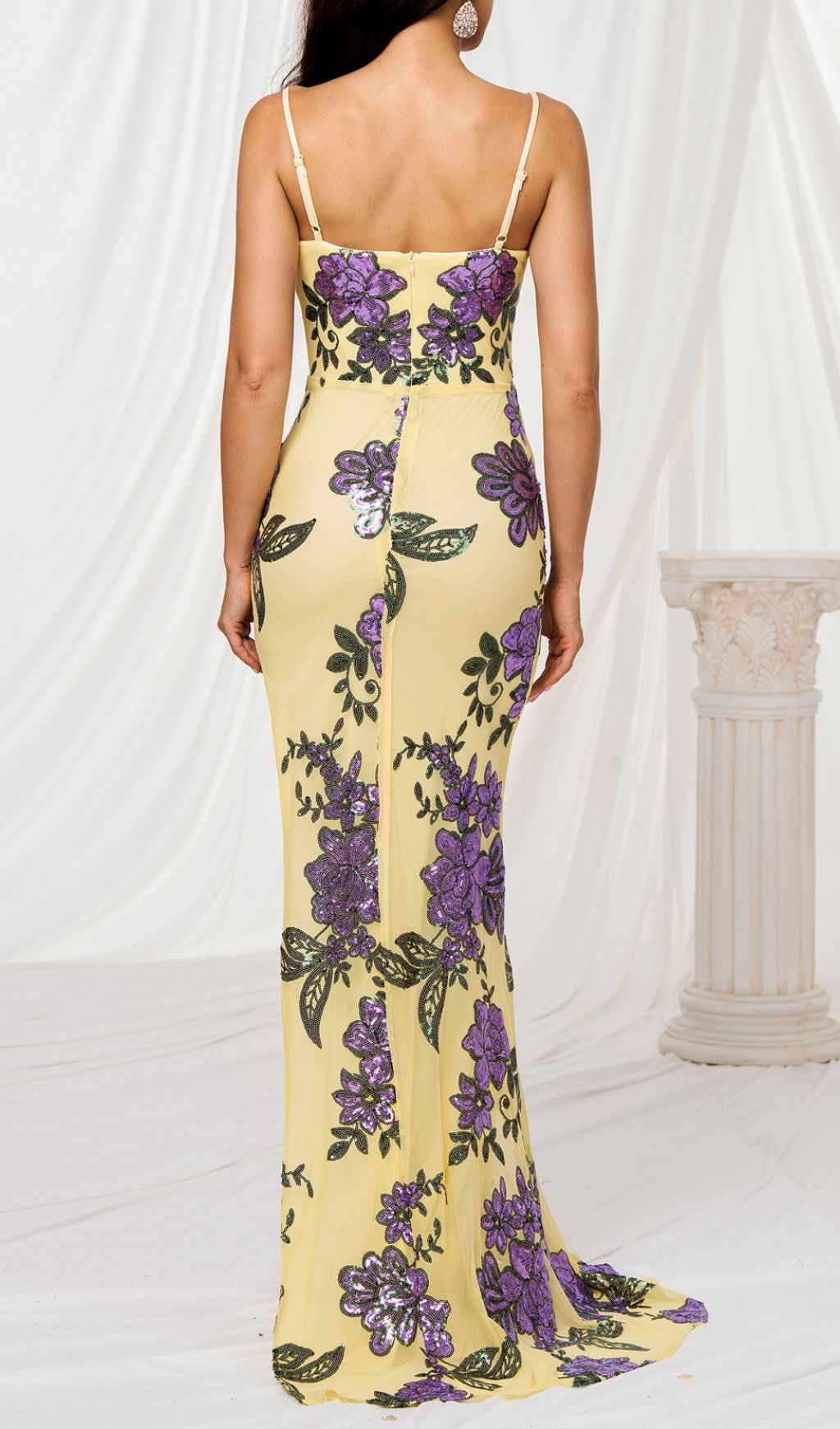 Finnea Yellow Flower Sequin Slit Maxi Dress