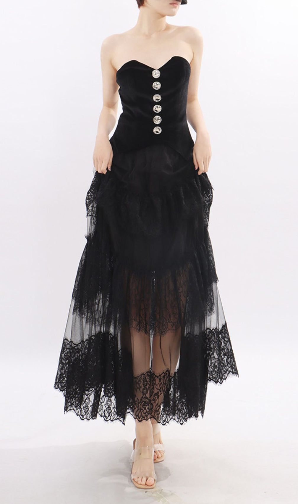 Kaliyah Black Strapless Sweetheart Velvet & Sheer Lace Maxi Dress