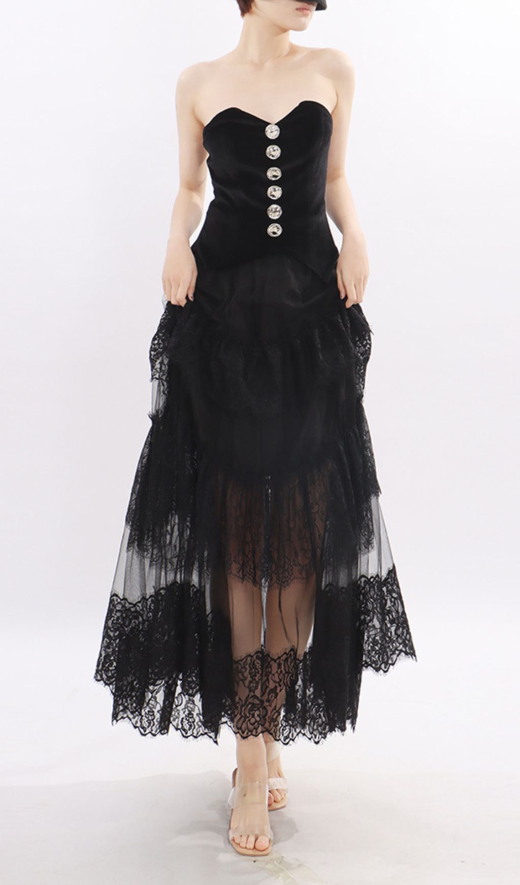 Kaliyah Black Strapless Sweetheart Velvet & Sheer Lace Maxi Dress