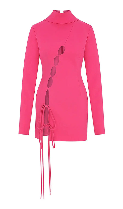 Pink Hollow Out Long Sleeve Mini Bandage Dress