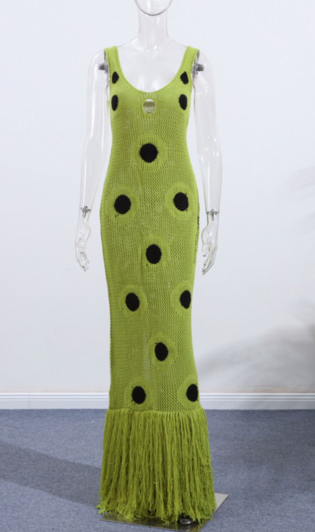 Gaelion Vibrant Green Polka Dot Fringe Knitted Midi Dress - Statement Summer Style