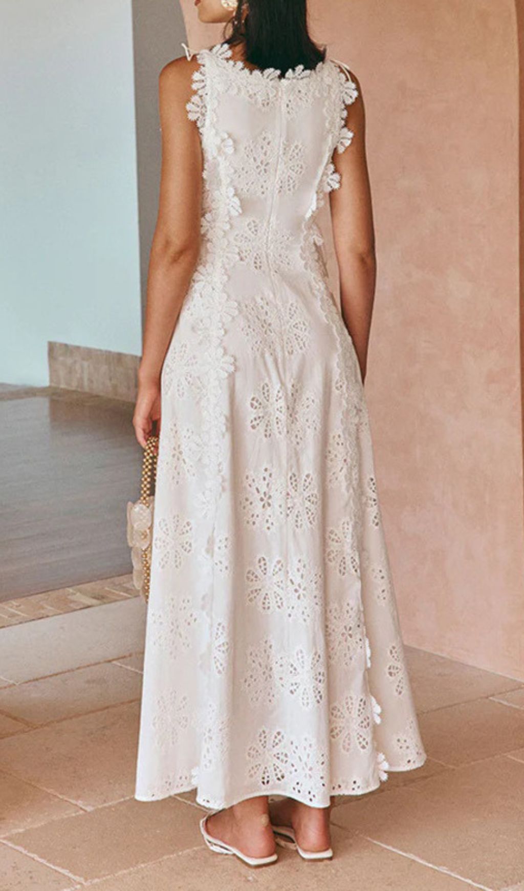 Fabiola White Flower Embroidery Maxi Dress