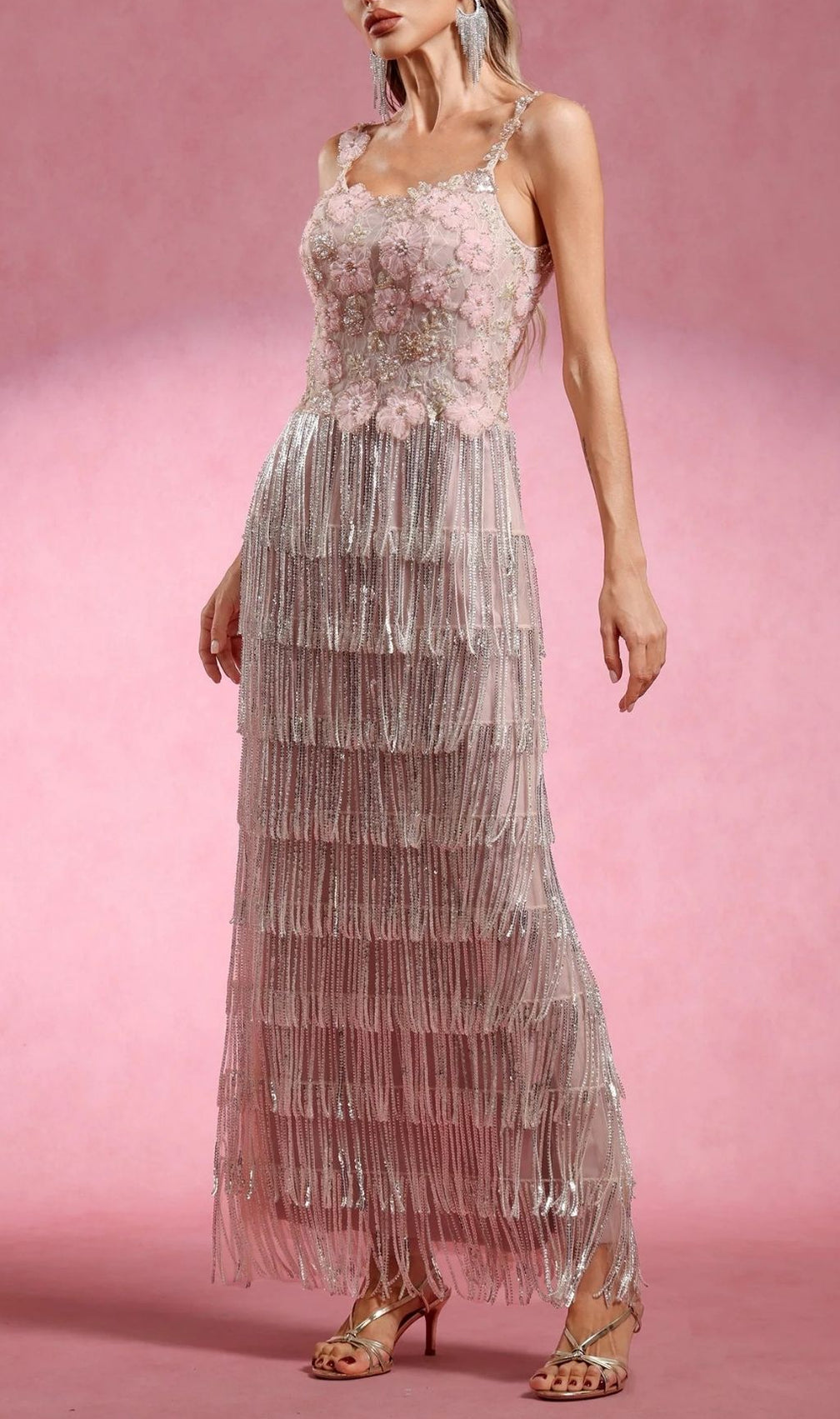 Katrice Floral & Sequin Fringe Maxi Dress - Strappy Boho Glam Gown