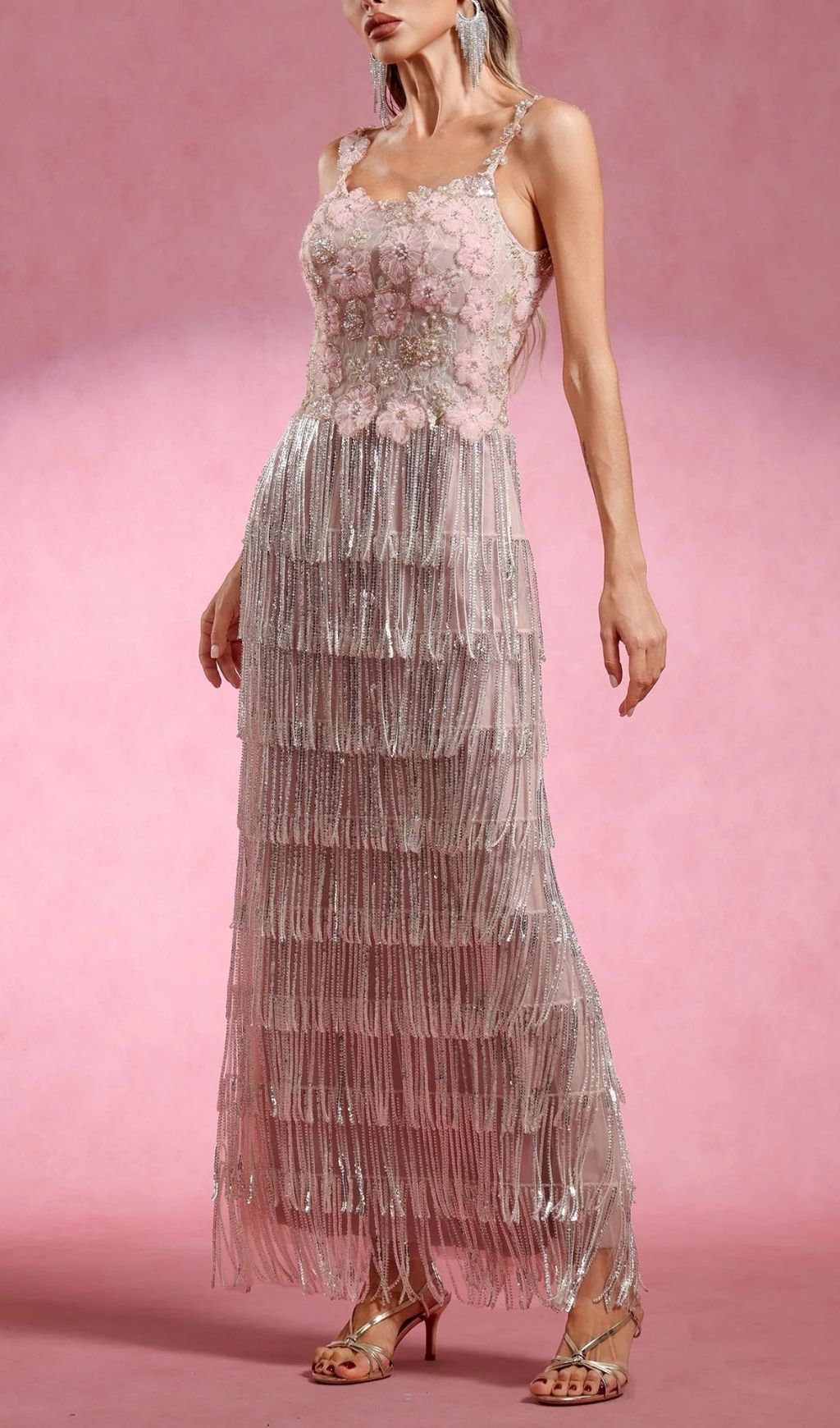 Katrice Floral & Sequin Fringe Maxi Dress - Strappy Boho Glam Gown