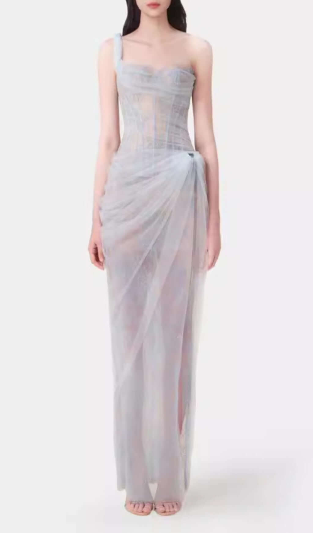 Anandi Blue Mesh Corset Maxi Dress