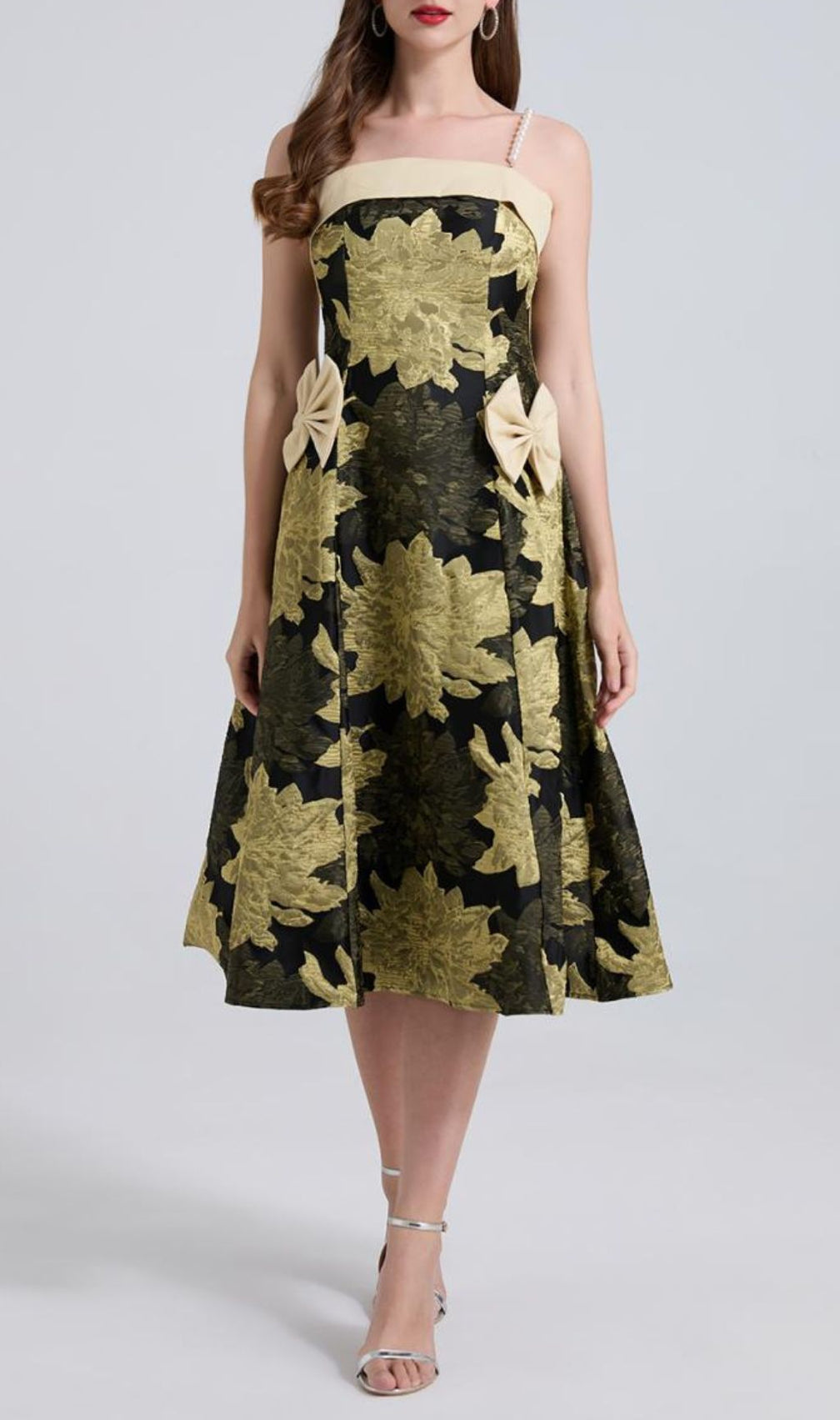 Faylinn Flower Bow Pearl Midi Dress