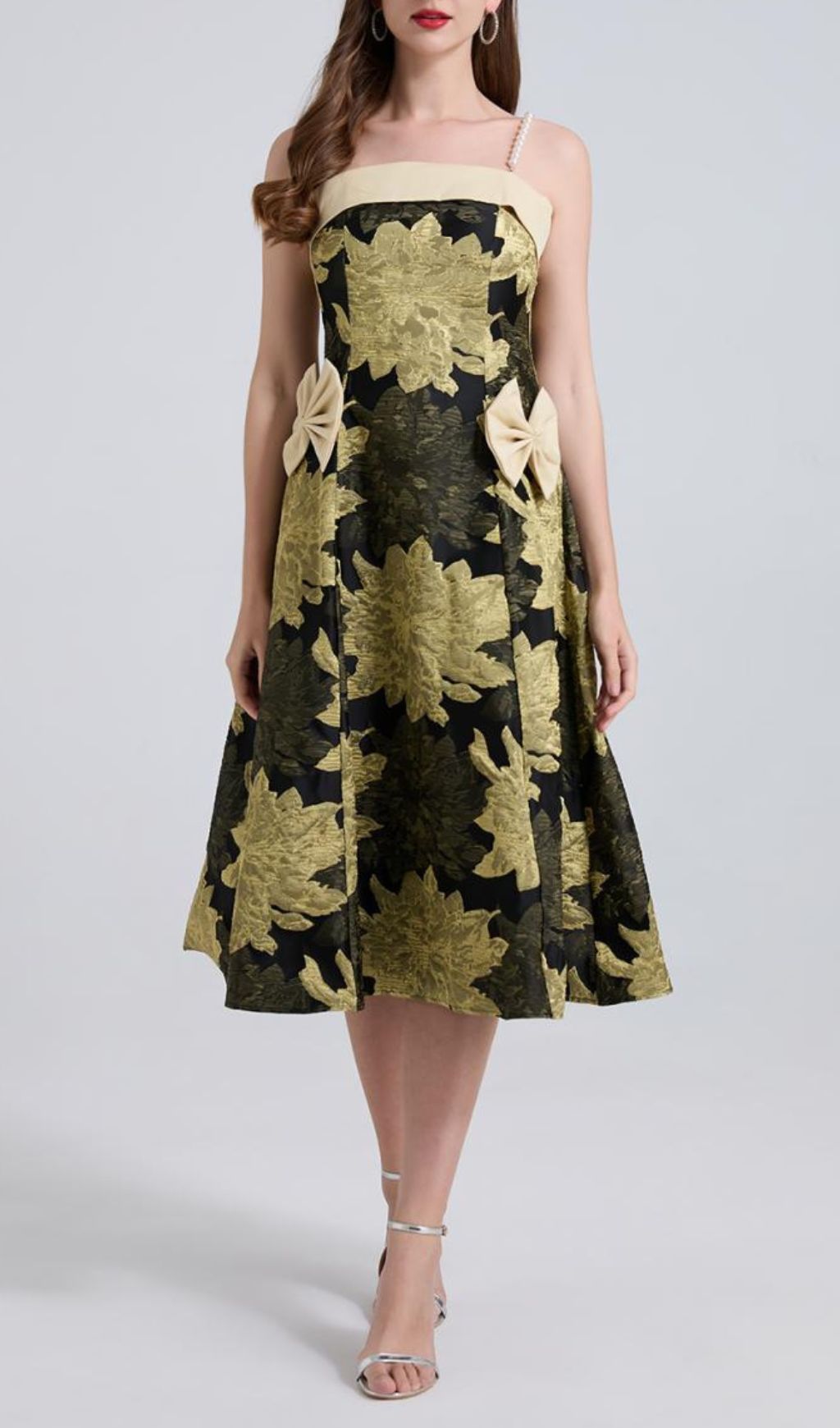 Faylinn Flower Bow Pearl Midi Dress