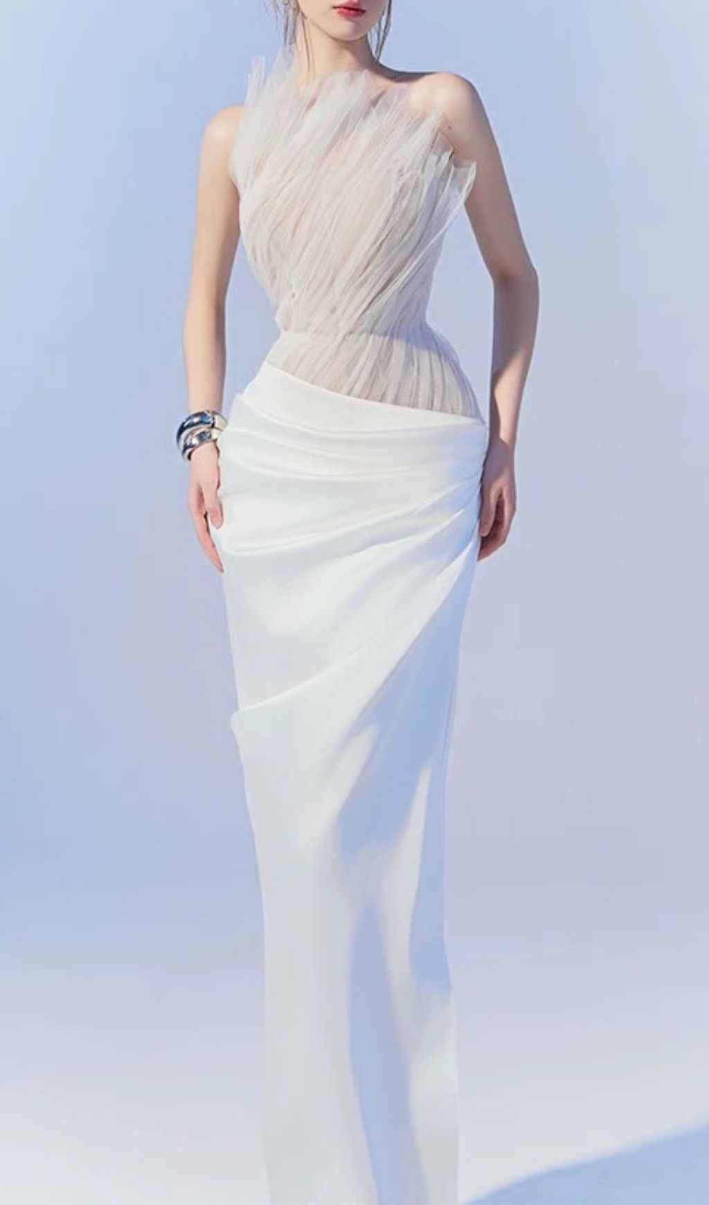 Kamira Ethereal White Mesh Ruched Maxi Gown | Sculpted Glamour Evening Dress