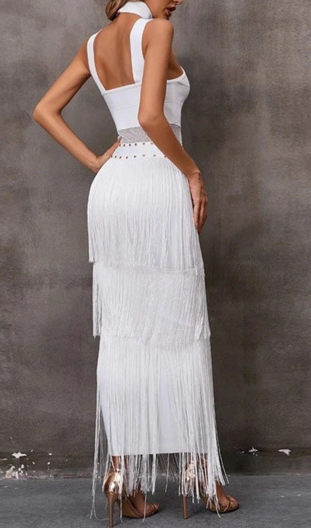 Glamorous White Halterneck Bandage Fringe Midi Dress - Mesh Detail Party Bodycon