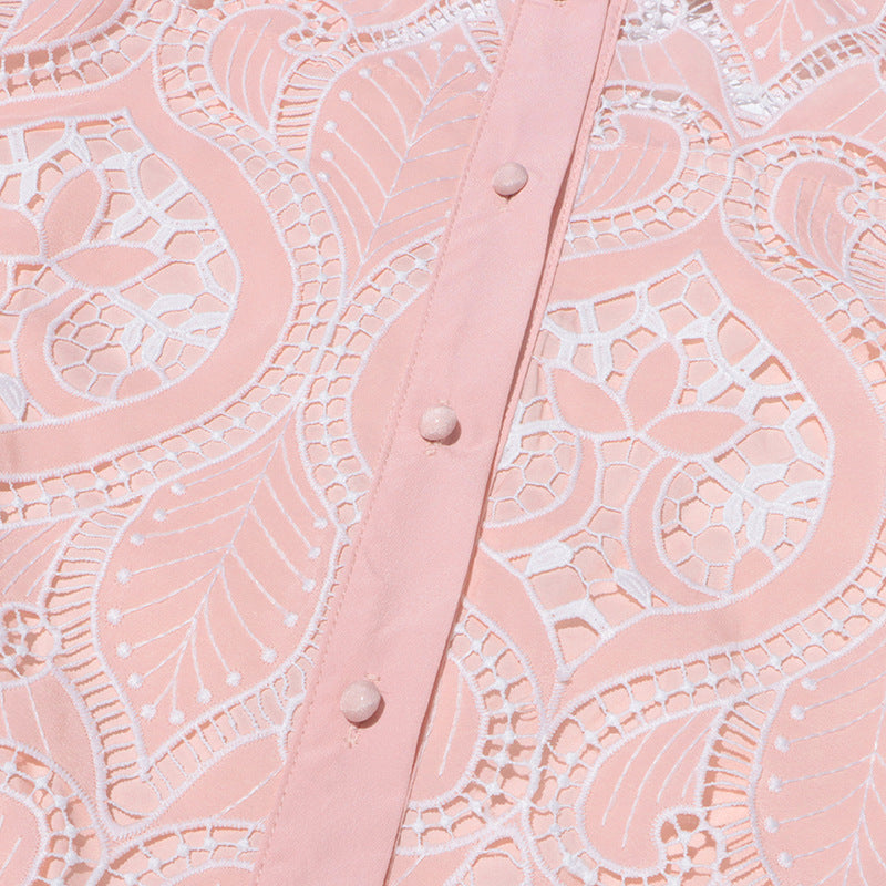 Isandro Blush Pink Embroidered Lace Long Sleeve Mini Shirt Dress with Tie-Waist