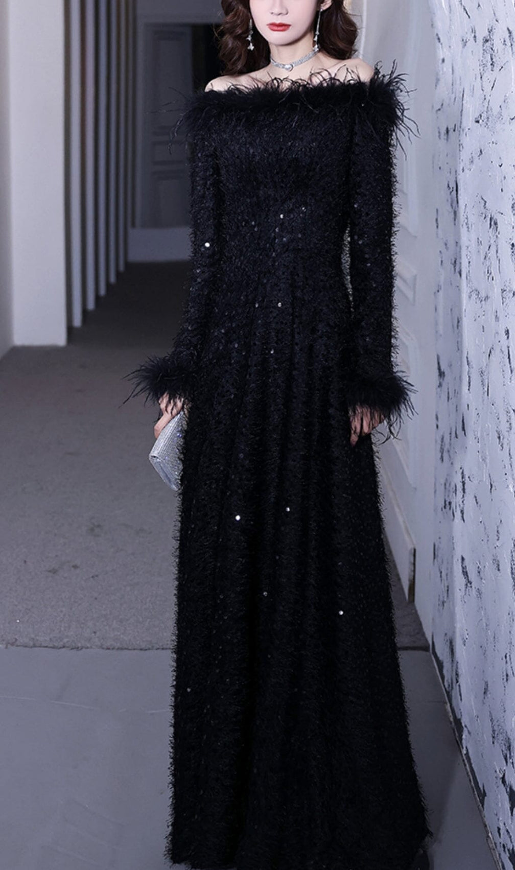 Sequin Sexy Off Shoulder Feather Long Sleeves Gown In Black